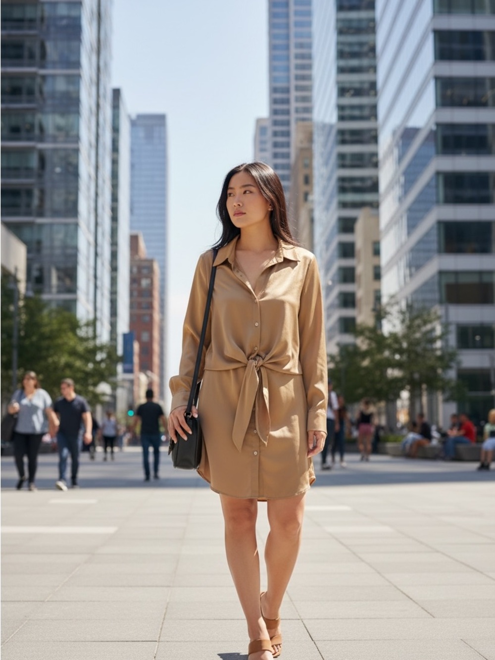 ILLA ILLA Caramel Tan Button-Front Tie Shirt Dress Size Small Business Casual